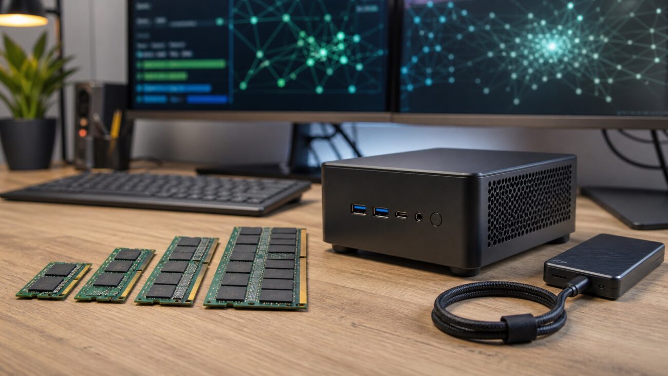 Mini PC local AI workstation with memory modules arranged by capacity