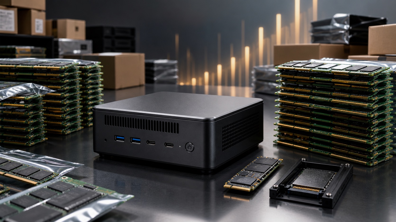 Mini PC surrounded by stacked memory modules showing rising hardware cost pressure